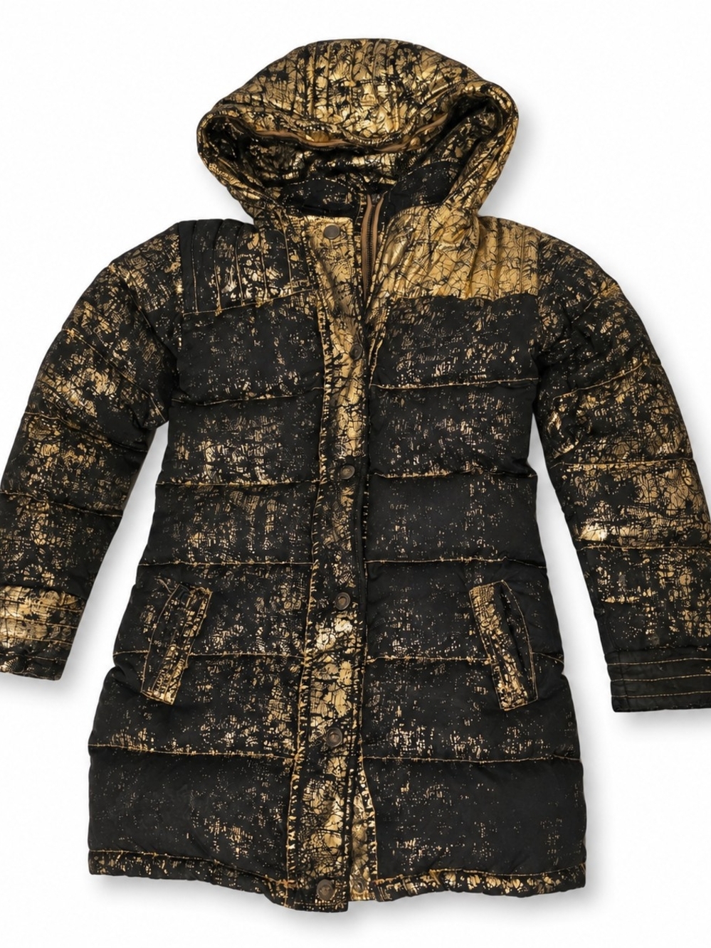 Appaman Girls Size 7 Black Gold Foil Long Puffer Coat Hooded Metallic